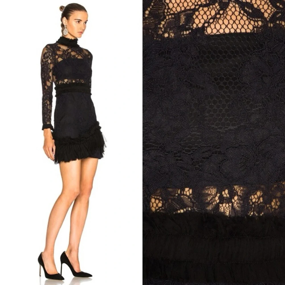 Alexis Wilhemina Black Guipure Lace Silk Trim Mini Dress S Fits XS